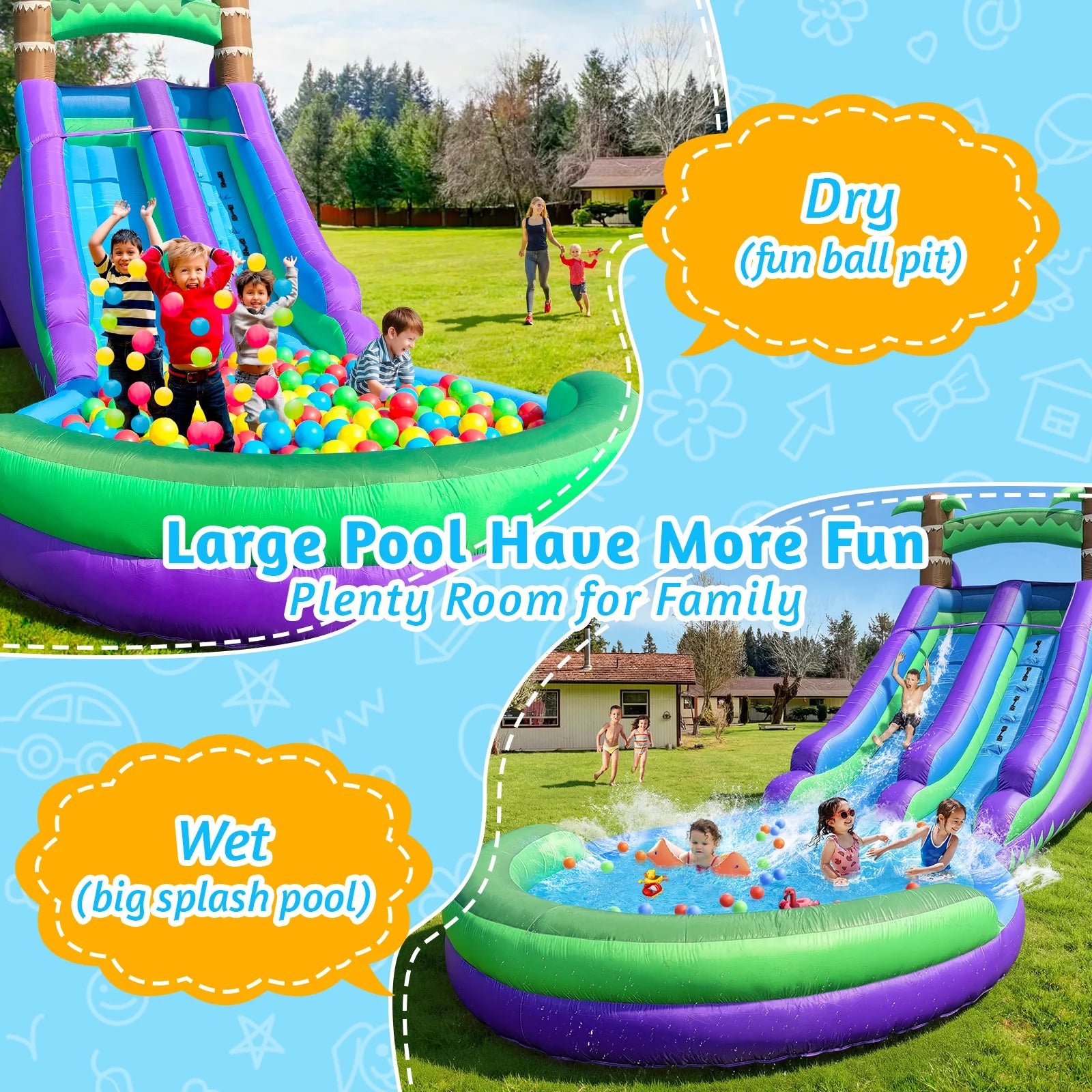 20FT  Kids Inflatable Water Slide Park with  Climbing Wall,  Dual Slides And Splash Pool