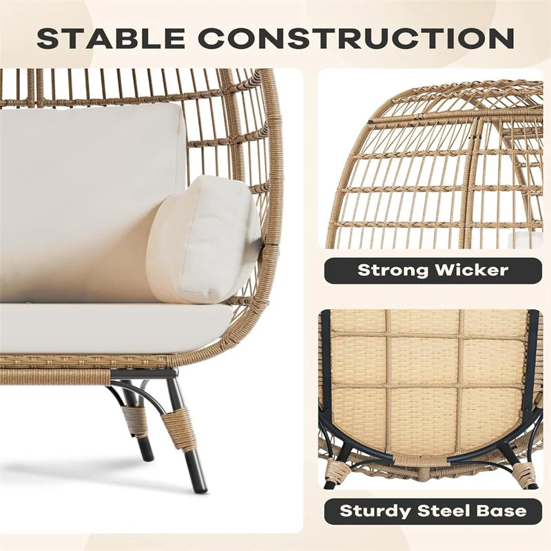 Oversized wicker Egg  patio lounge chair with Cushions & Steel Frame, Rattan