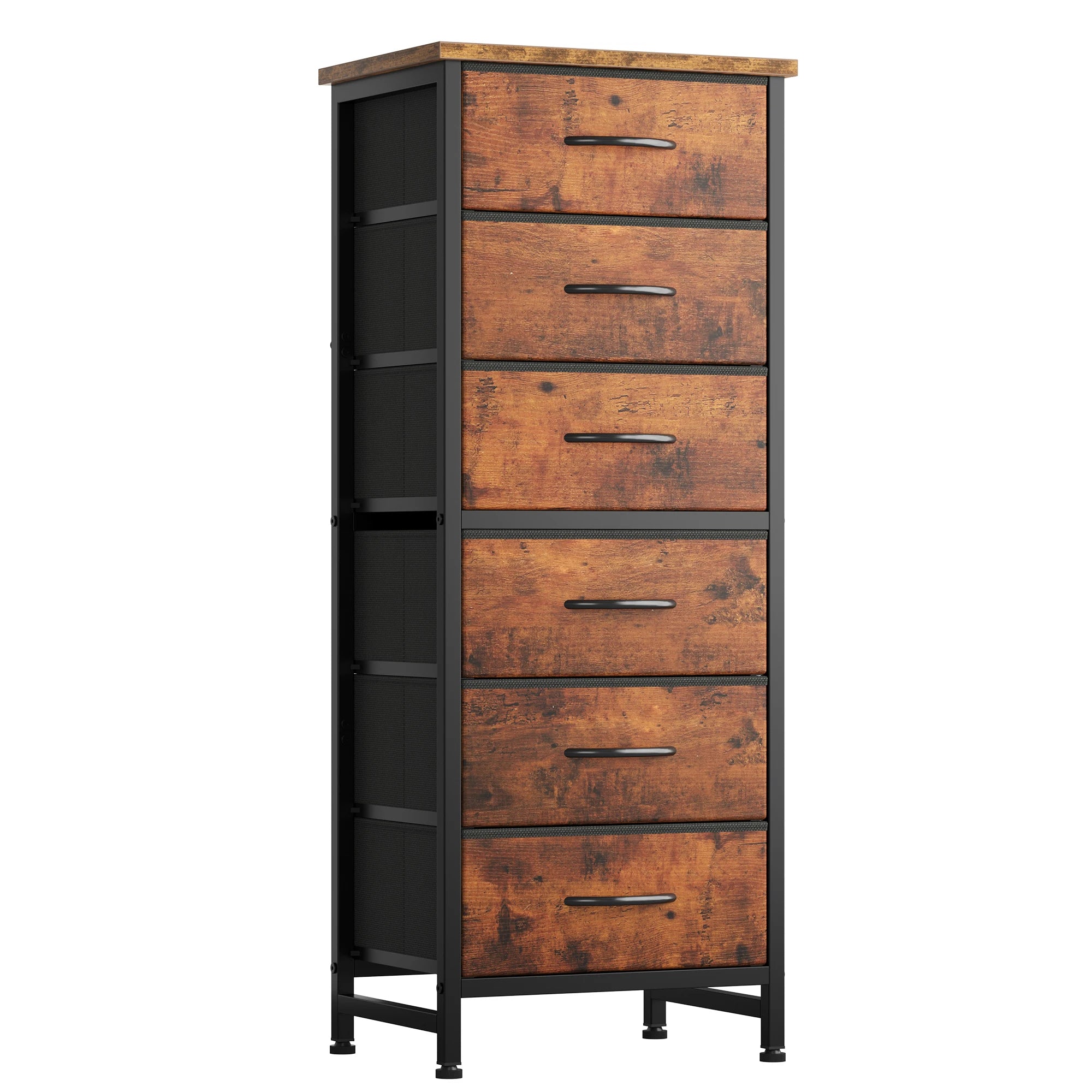 Tall 6 Fabric Drawer Dresser  for Bedroom Wood Top and Metal Frame Skinny Chest