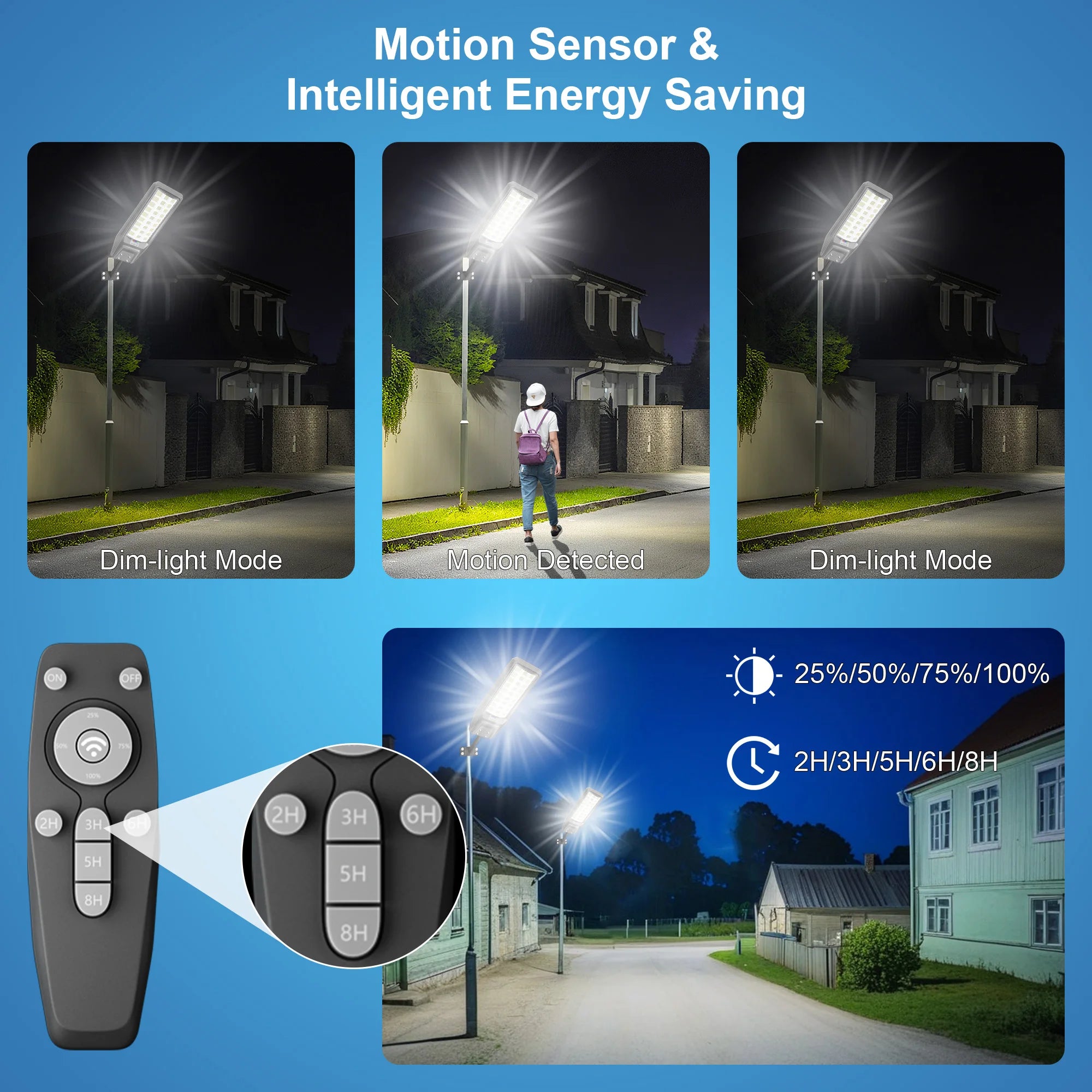 Outdoor waterproof solar light with motion sensor, timer, constant bright mode,
