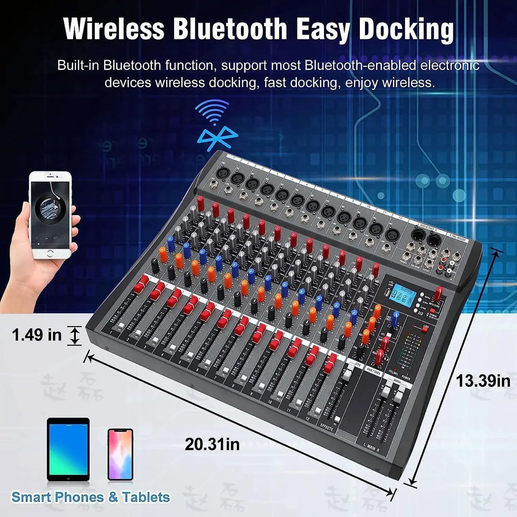 12-channel  DJ audio mixer with  USB  Bluetooth input, 48V, Phantom Power, for recording and podcasting