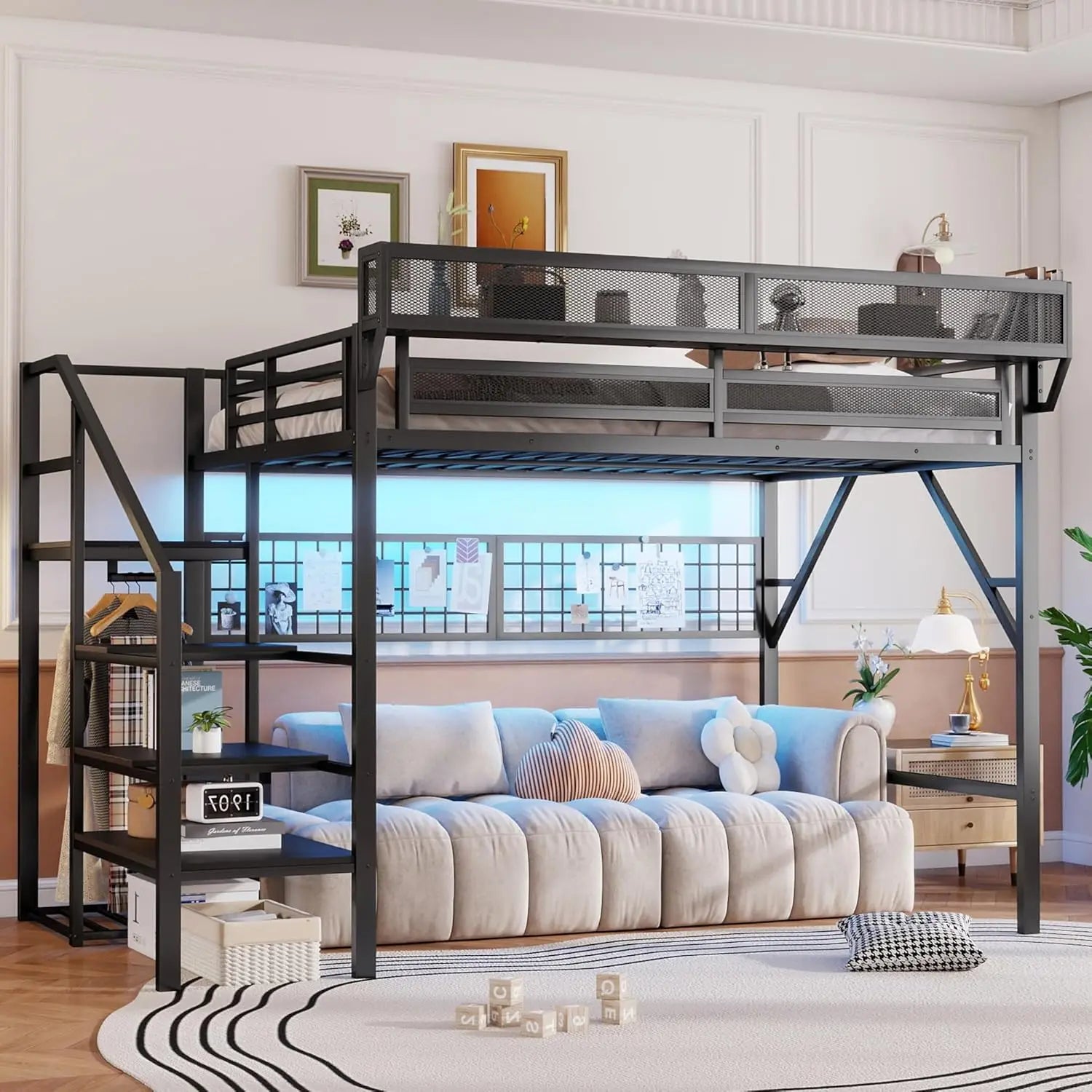 Queen  Metal Loft Bed with Stairs,  Storage, Wardrobe,& Bedside Shelf