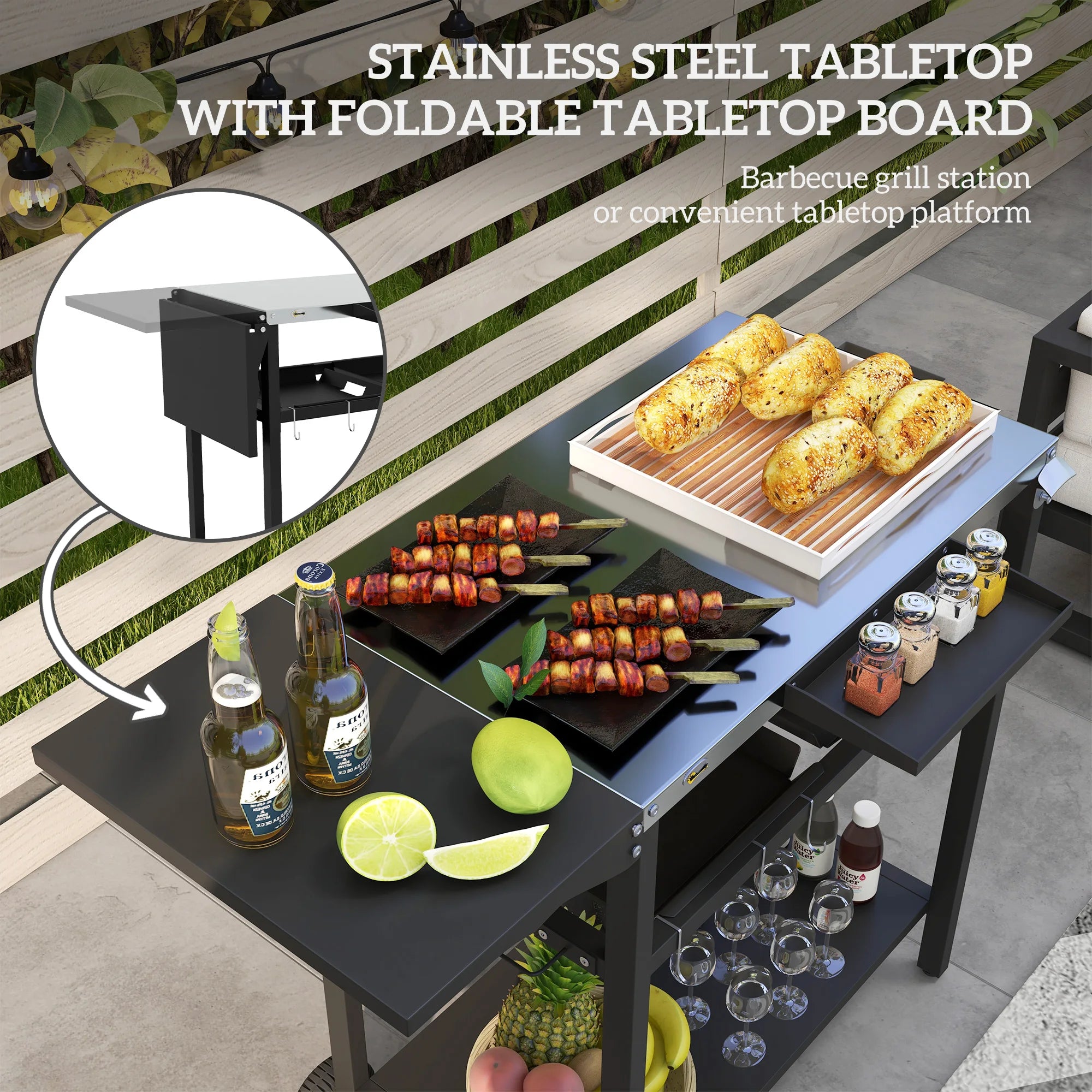Outdoor Bar Table w/ 2-Tier Shelf, Serving Cart w/ Wheels