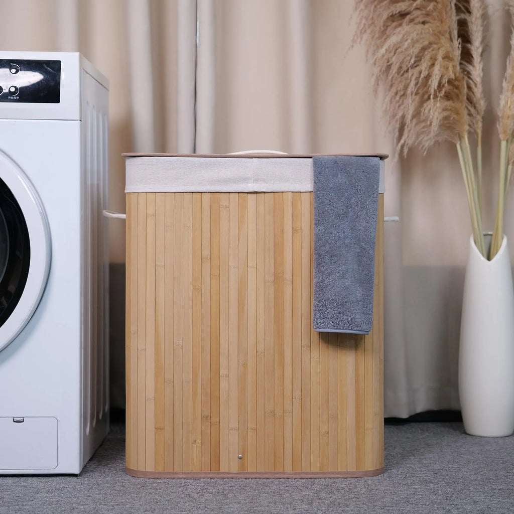 Large 106L Bamboo Laundry Hamper with Removable 4-Section Liner, Lid & Handles