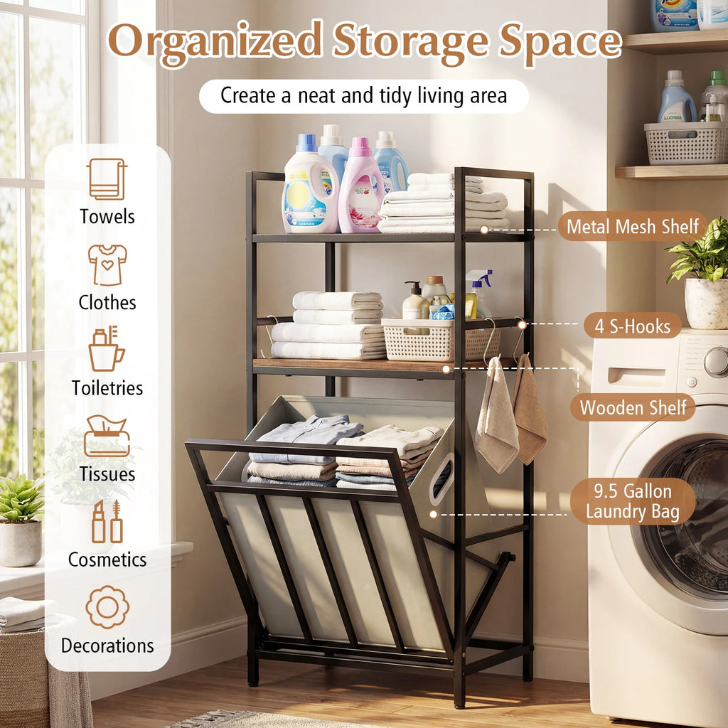 2-Tier Laundry Hamper w/ Tilt-out Basket, Laundry Sorter w/ 4 Hooks & Removable Bag