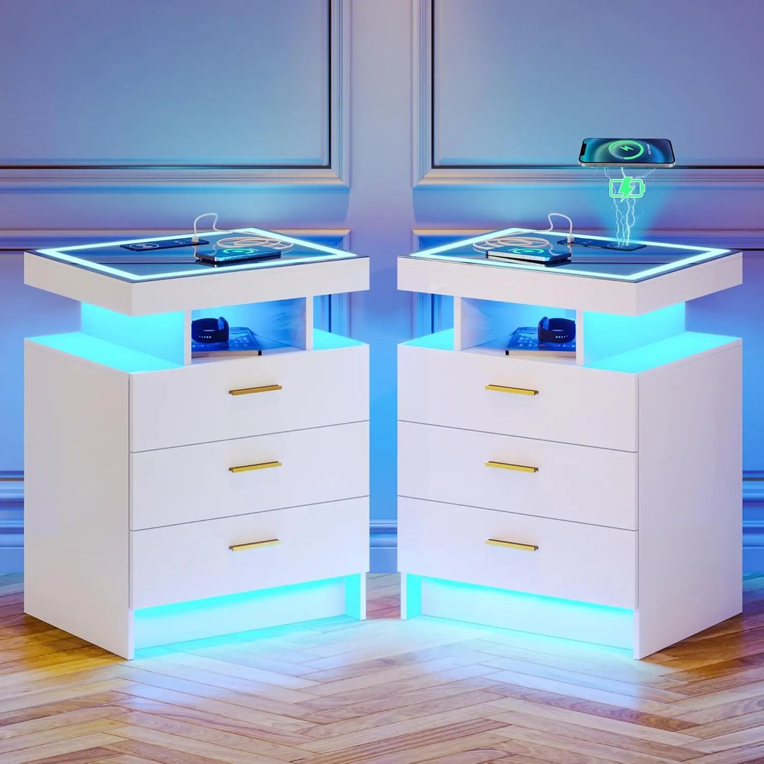 Nightstands with Wireless Charging , Auto Sensor 3 Color Dimmable LED