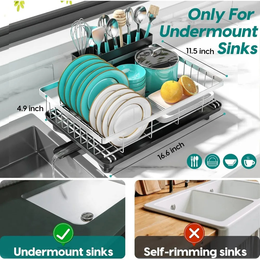 Rustproof Dish Drying Rack with Large 3-Compartment Utensil Holder for Kitchen Sink
