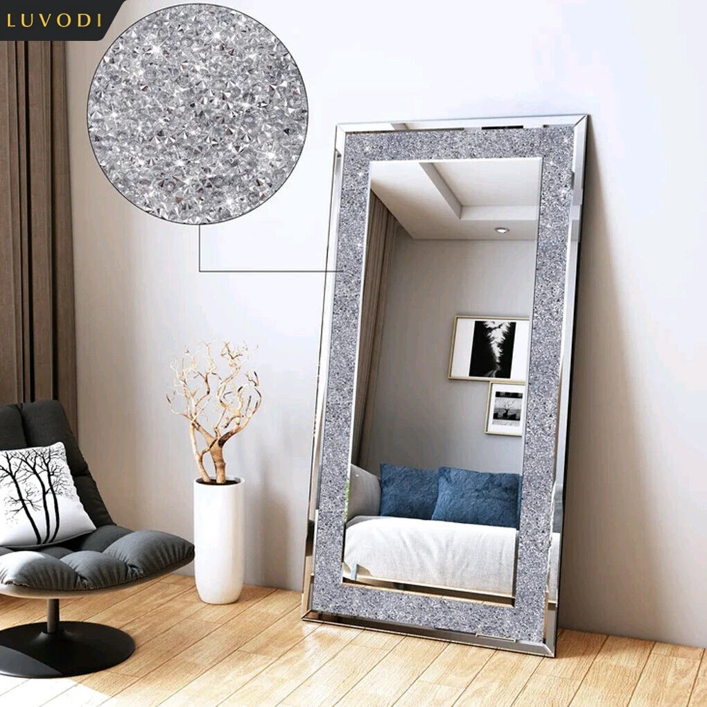 LUVODI Large Silver Rhinestone Vanity Mirror Frameless Crystal Diamond Wall Mirror for Bedroom, Bathroom.