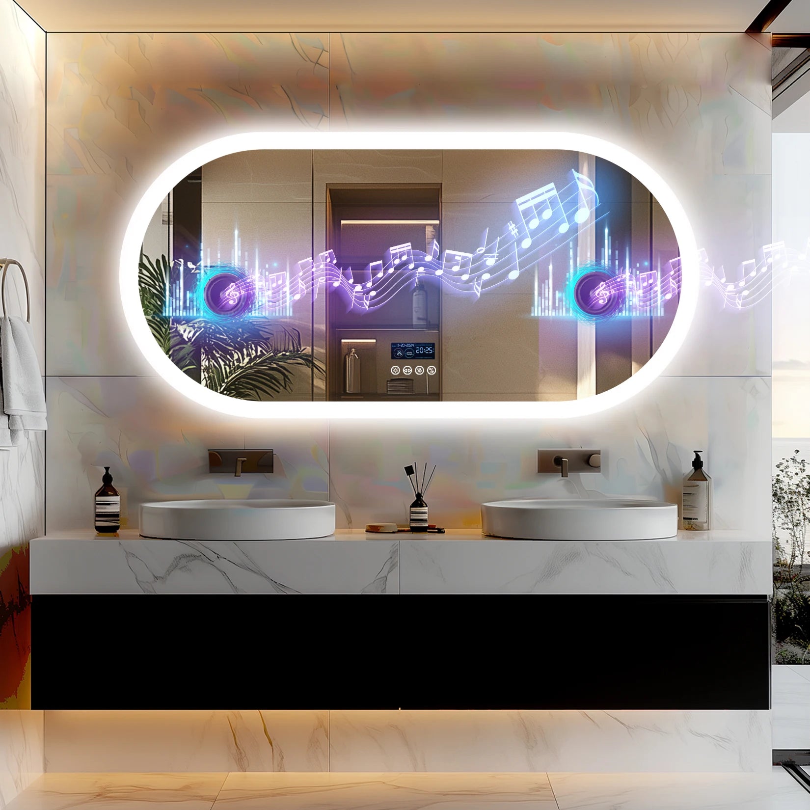 Oval LED Bathroom Mirror with Lights, Anti-Fog, Bluetooth Speaker, 3 Colors Temperature Dimmable Lighted  Waterproof