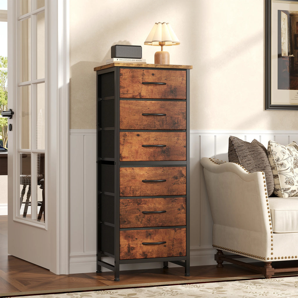 Tall 6 Fabric Drawer Dresser  for Bedroom Wood Top and Metal Frame Skinny Chest