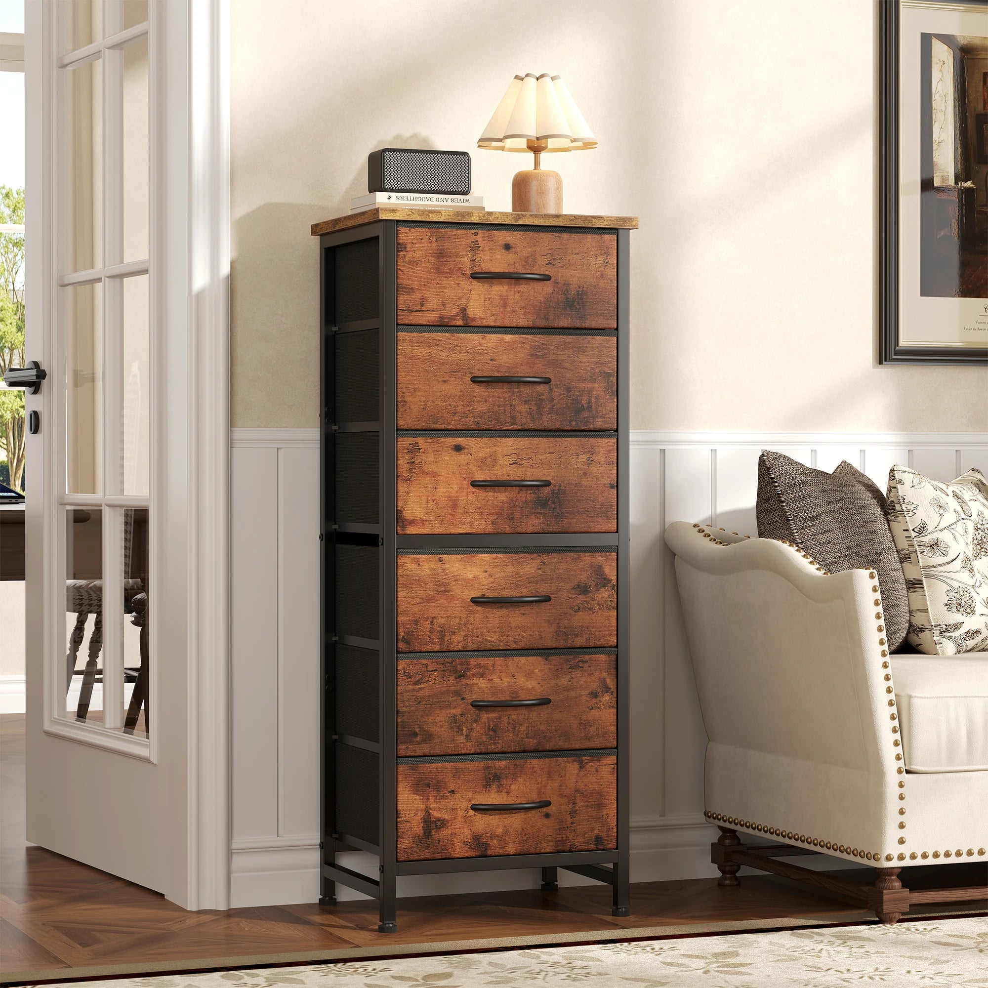 Tall 6 Fabric Drawer Dresser  for Bedroom Wood Top and Metal Frame Skinny Chest