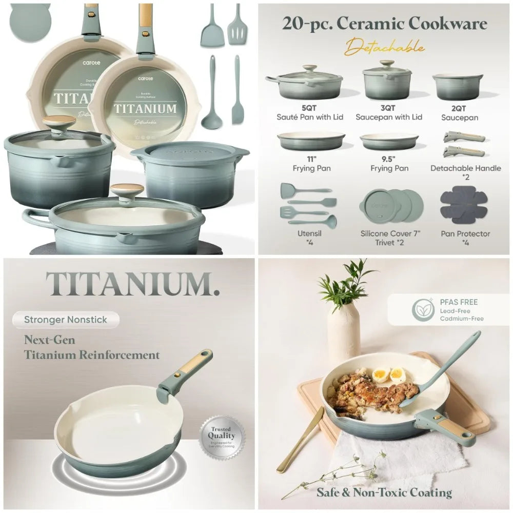 20Pc  Titanium Nonstick  Cookware Set, with Detachable Handle