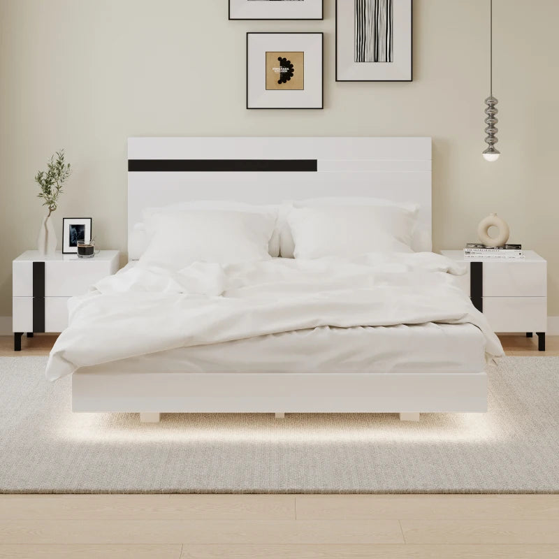 High Gloss 3-Piece  Queen Bedroom Set with Floating LED  Platform Bed  & 2 Nightstands,