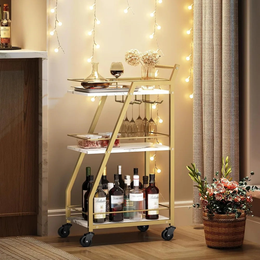 3-Tier Bar Cart with Wheels, Gold Drink Cart for Home,