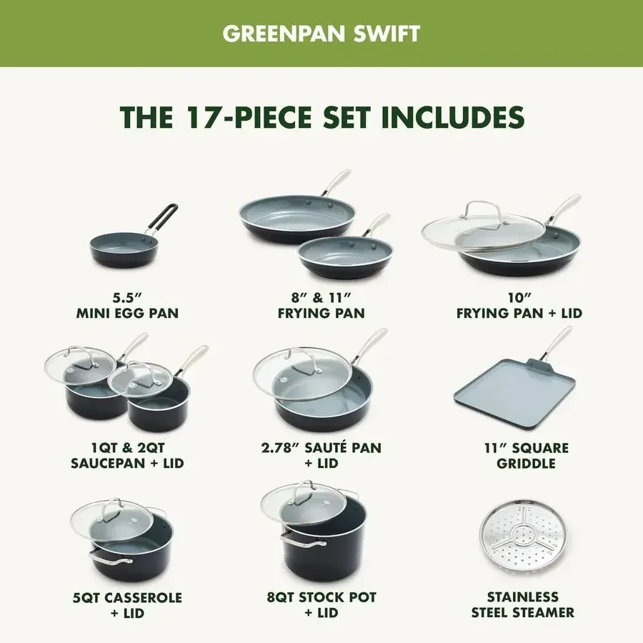 17 Piece Nonstick Ceramic  Cookware Set with Lids, PFAS-Free, Dishwasher & Oven Safe 600F
