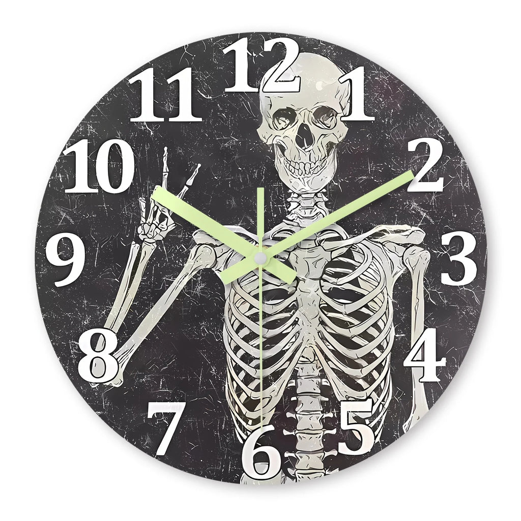 A Modern Horror Skull Luminous Wooden Wall Clock, Silent Non-ticking