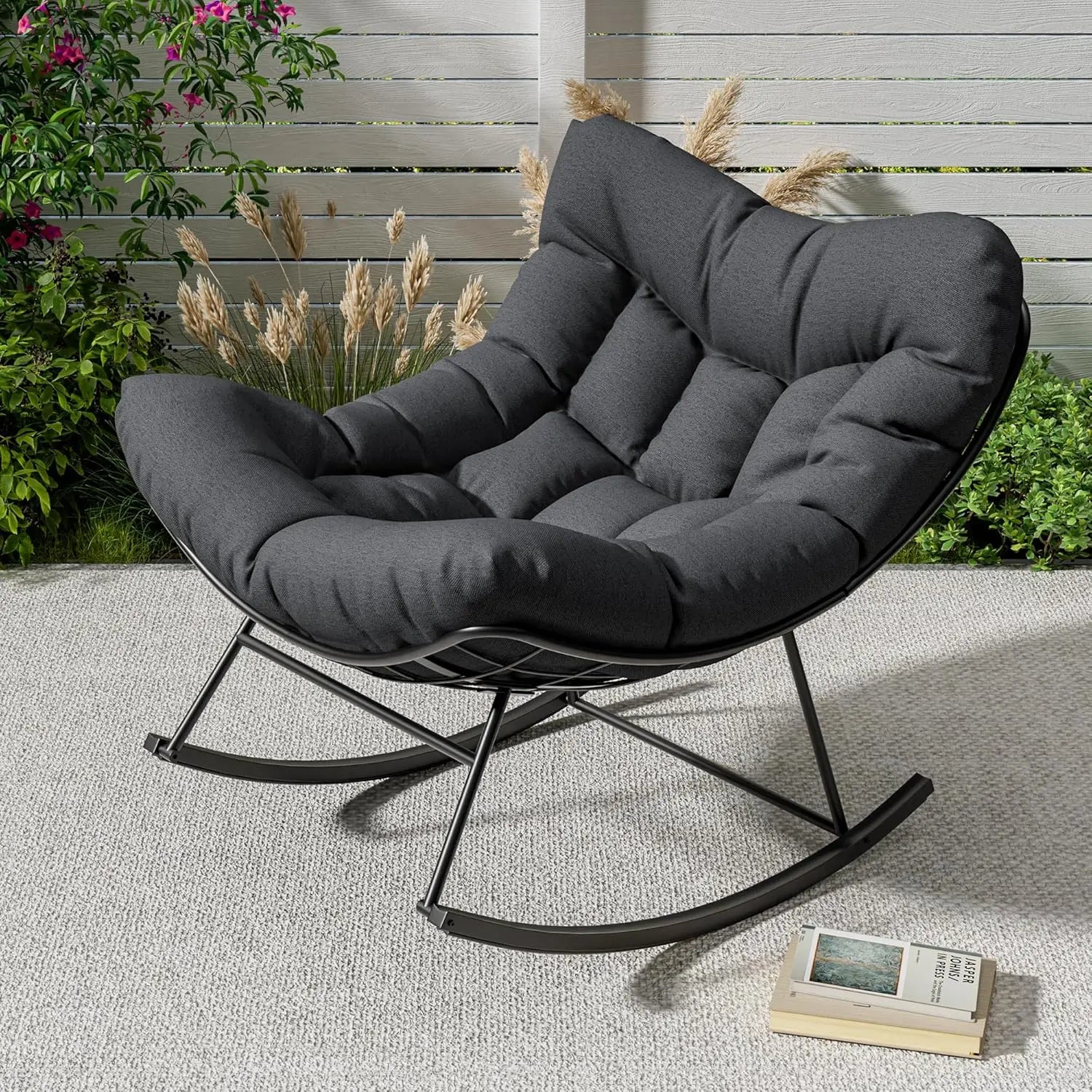 Outdoor Oversized Papasan Rattan Egg  Rocking Chair with Footrest, For, Patio ,  Balcony, Backyard ,Porch, Bedroom.