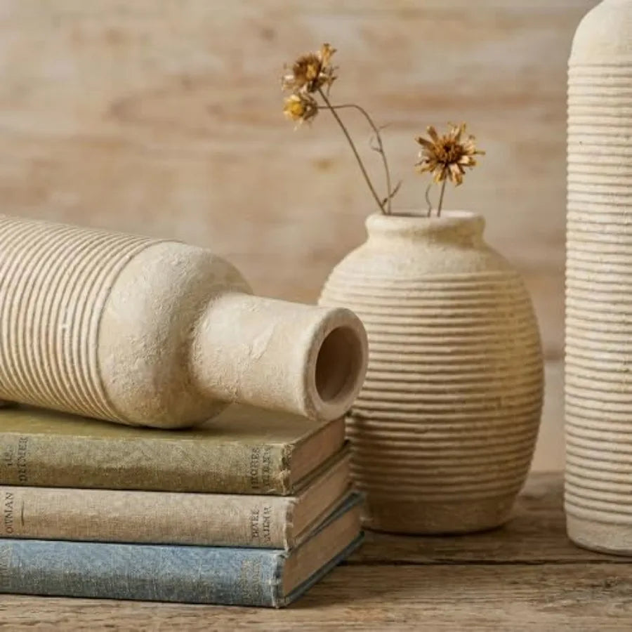 Rustic Farmhouse Ceramic Vase Set of 3 - - Pampas Grass Dried Fresh Flowers -