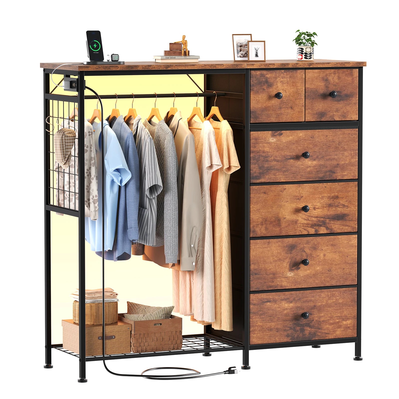 6 Drawer Fabric Dresser with Hanging Rack, Charging Station and LED Lights