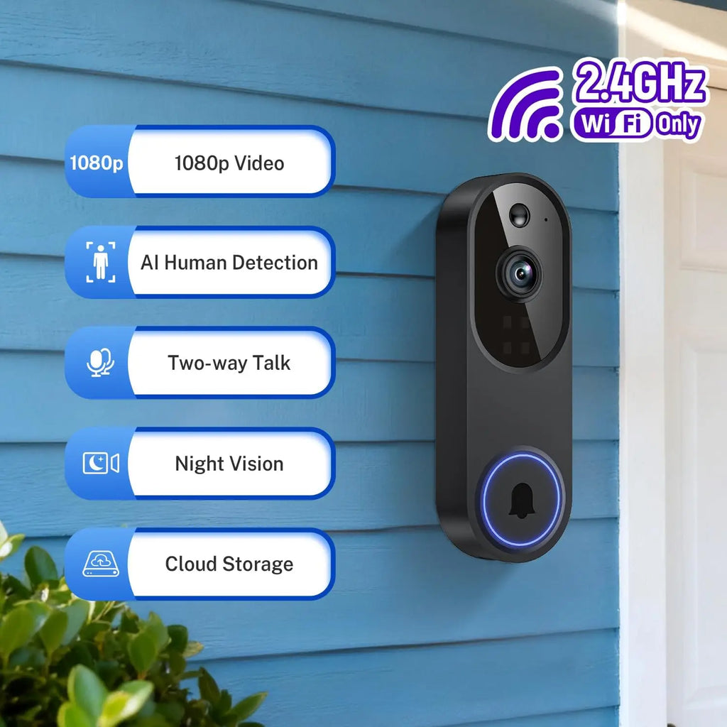 Wireless 2.4G Wi-Fi Video Doorbell Camera with Two-Way Audio, AI Motion Detection, Night Vision, Cloud Storage,