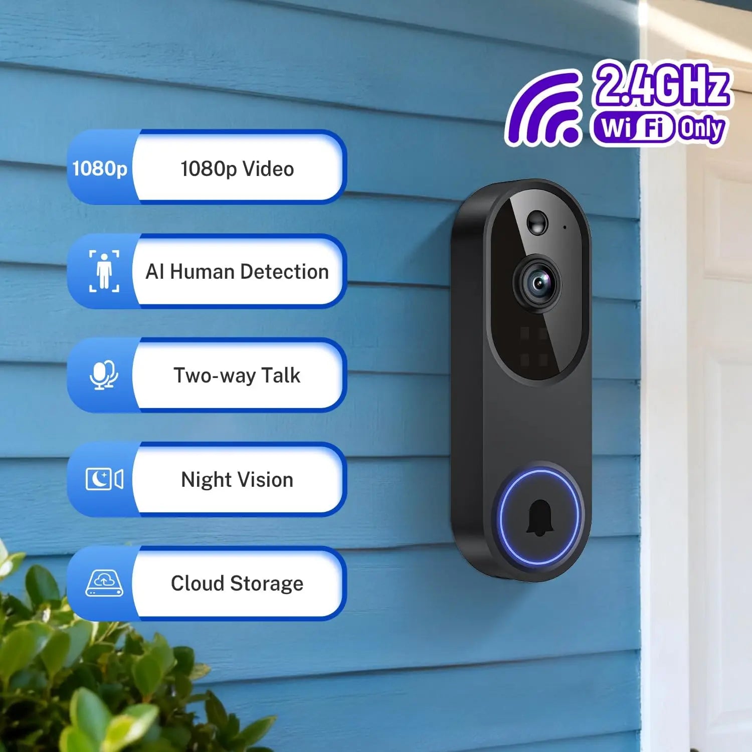 Wireless 2.4G Wi-Fi Video Doorbell Camera with Two-Way Audio, AI Motion Detection, Night Vision, Cloud Storage,