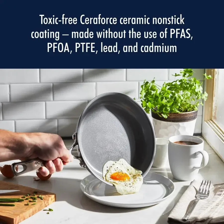 Clad H3 10pc Ceramic Nonstick  Induction Cookware Set,  Durable Stainless Steel, Easy to clean