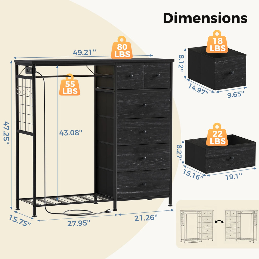 6 Drawer Fabric Dresser with Hanging Rack, Charging Station and LED Lights