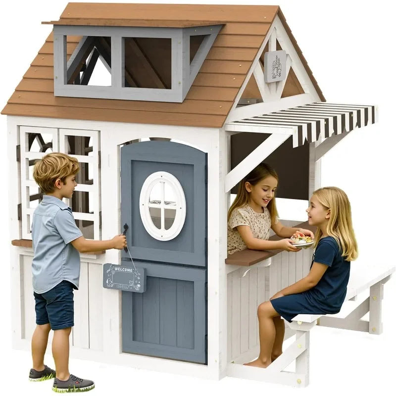 Outdoor Wooden Playhouse with Kitchen Set ,Chalkboard with Waterproof Roof & Rust-Resistant Hinges,