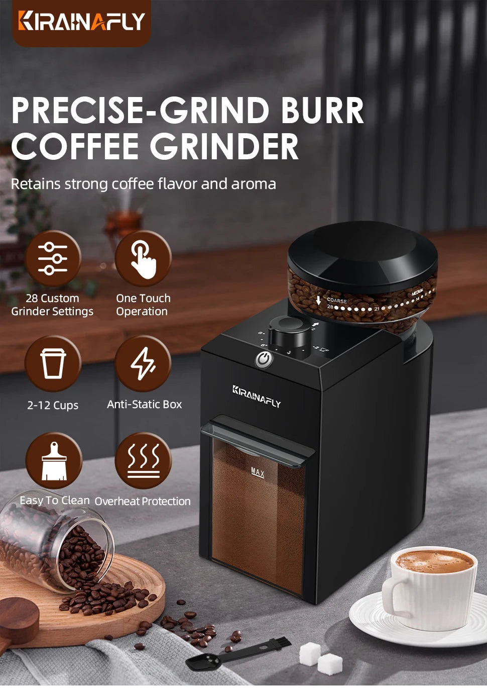 Automatic Burr Mill Coffee Bean Grinder Electric  With 28 Adjustable Gears
