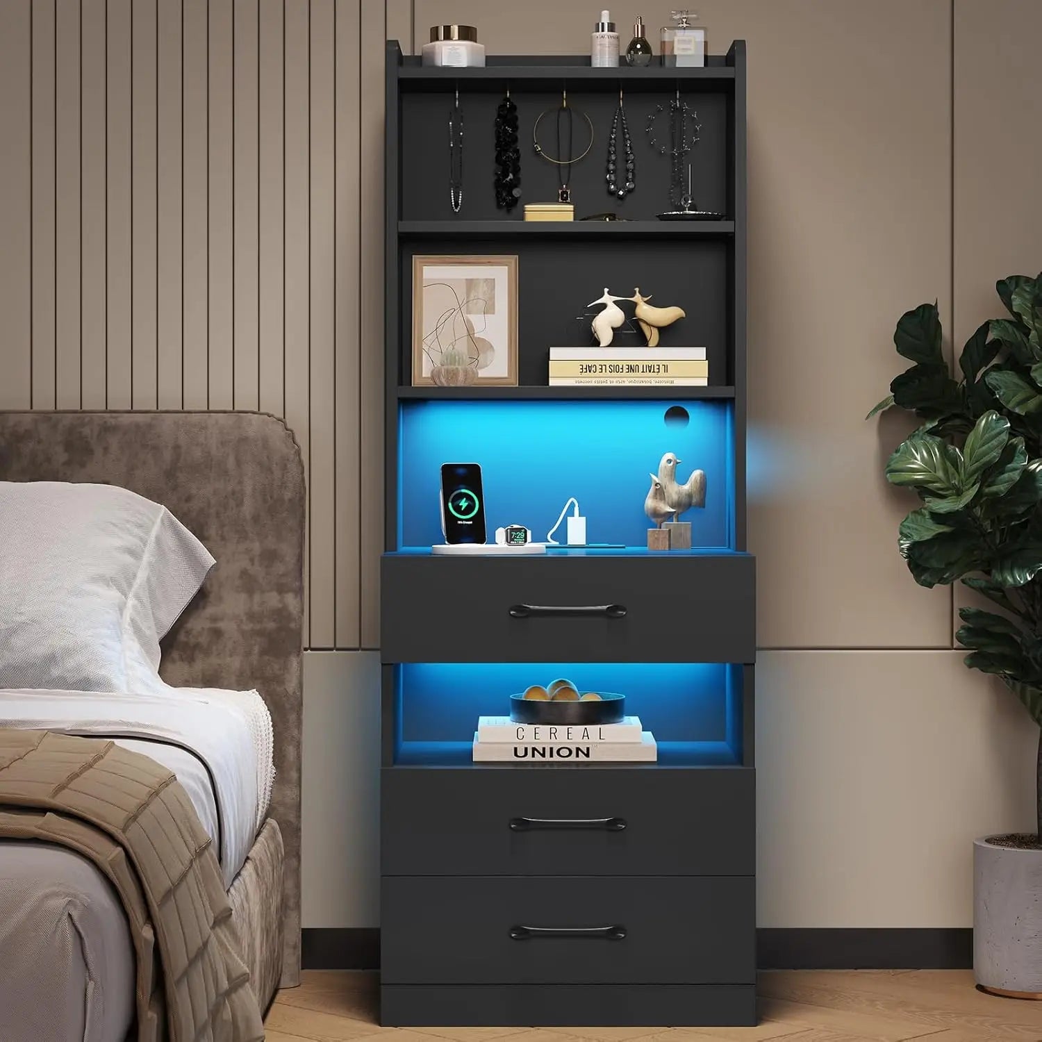 Tall LED Nightstand with Charging Station,  Rustic brown, Bedside Table