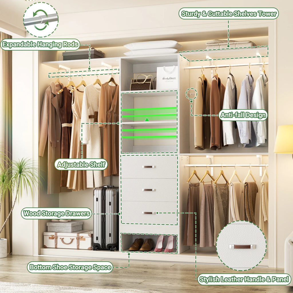 96 Inches Heavy Duty Closet System with 3 Drawers , Shelving Towers, Clothes Rack with Hanging Rods