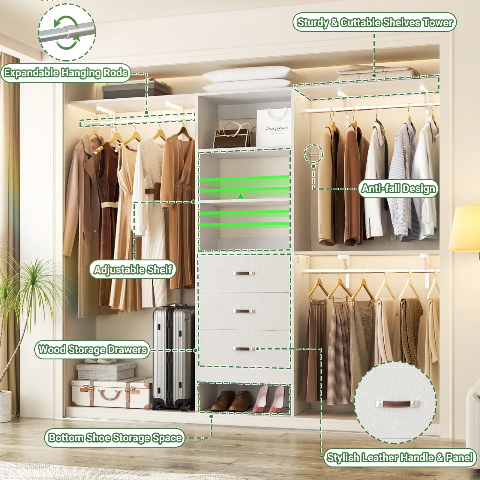 96 Inches Heavy Duty Closet System with 3 Drawers , Shelving Towers, Clothes Rack with Hanging Rods