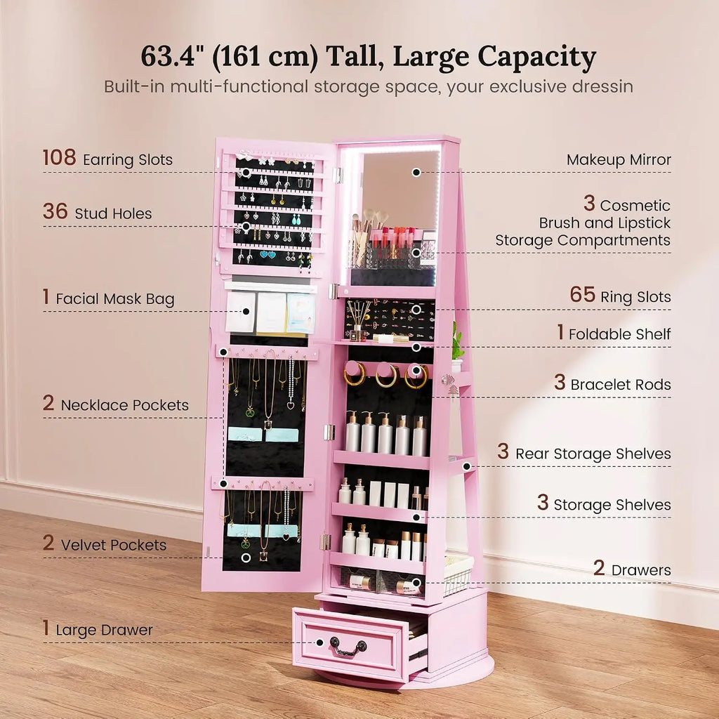 LED Mirror Jewelry Cabinet Standing, 360°Swivel  with Full Length Mirror, Storage