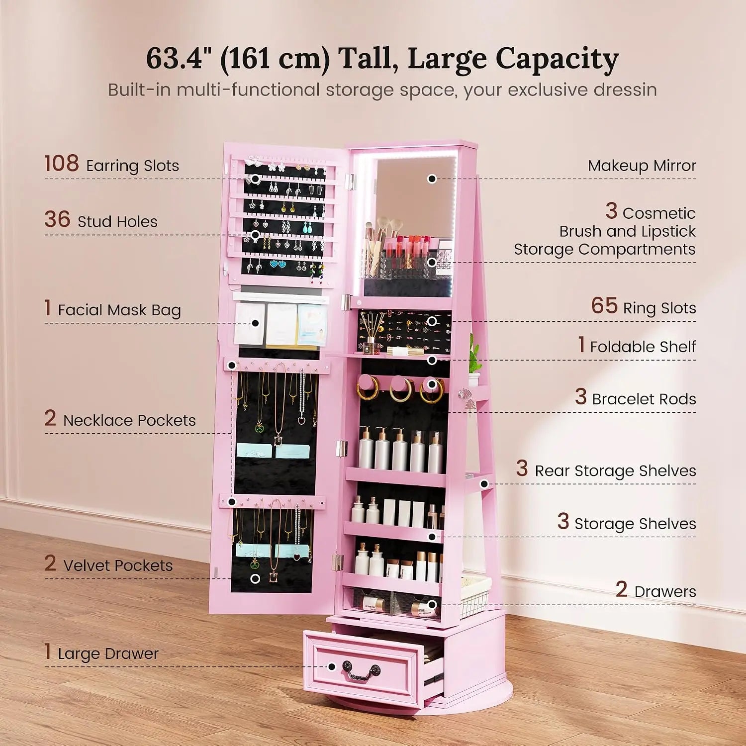 LED Mirror Jewelry Cabinet Standing, 360°Swivel  with Full Length Mirror, Storage