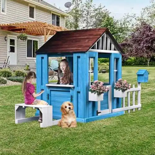 Kids  Wooden Outdoor Cottage Playhouse with Half Door Mailbox & Fence