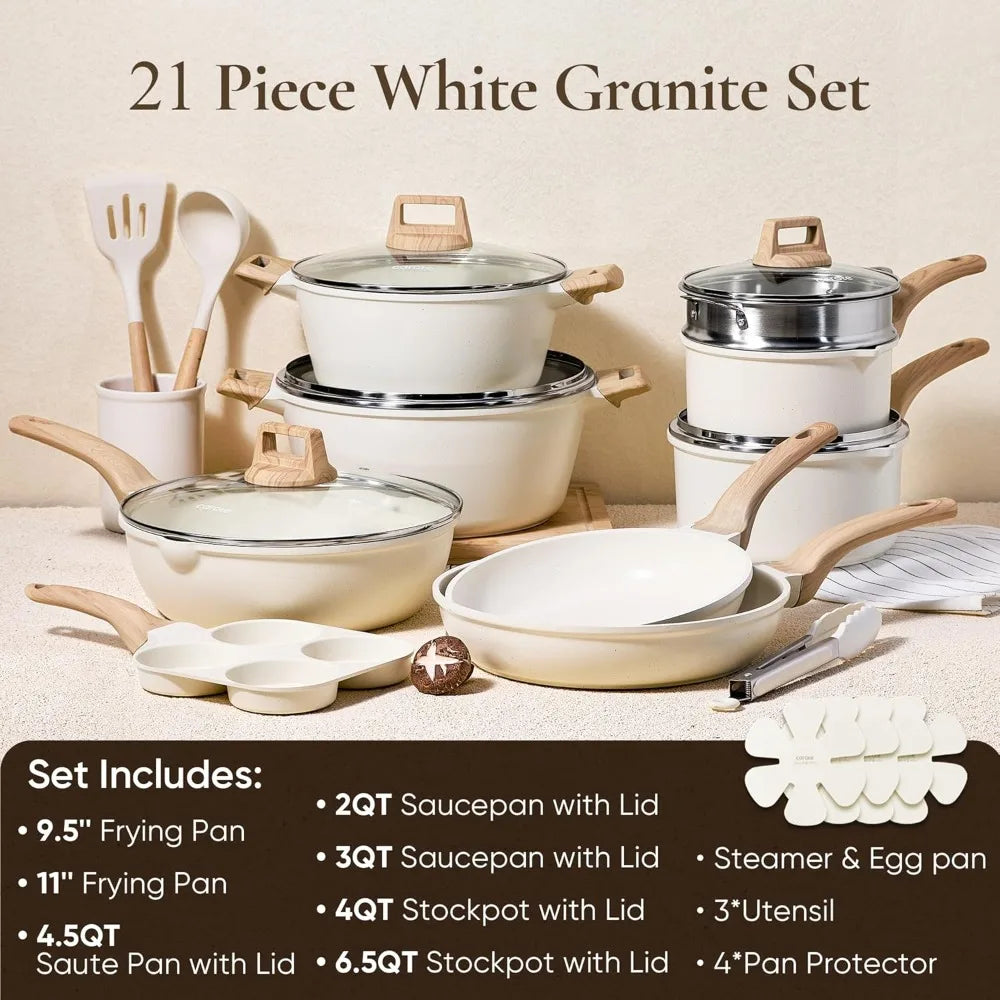 White Granite 21-Piece  Induction  Non Stick  Cookware Set w/Frying Pans
