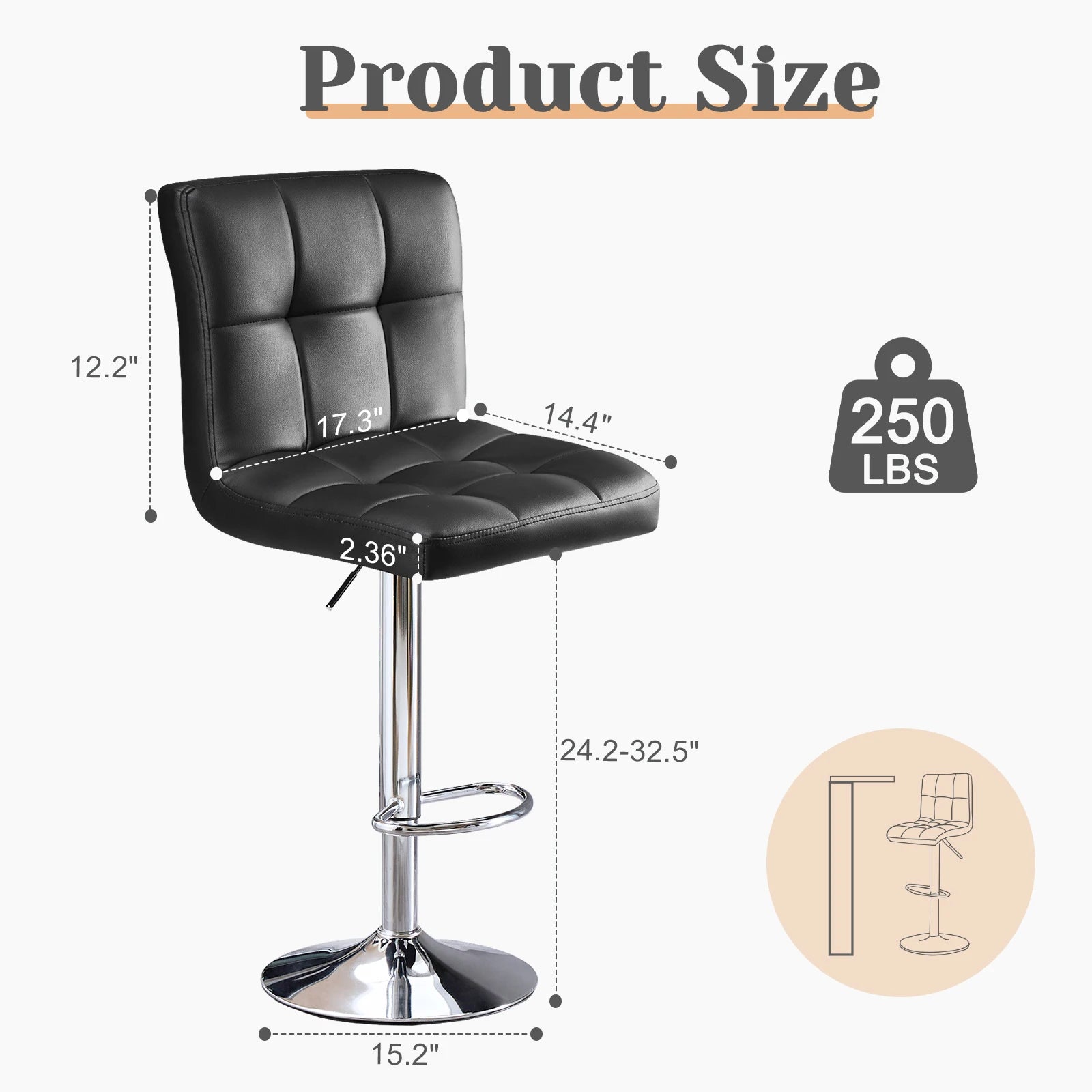 Leather upholstered Bar Stools Set of 2  ,SGS Certified Gas cylinder Comfortable Backrest