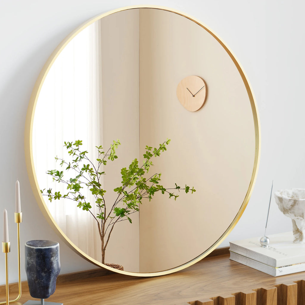 JHK 30"Gold Round wall  Mirror  Matte Metal Framed  Tempered Glass