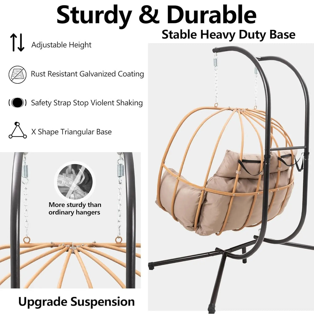 Double Egg Hanging Swing Chair with Stand Cushions Headrest 80"H Metal Basket