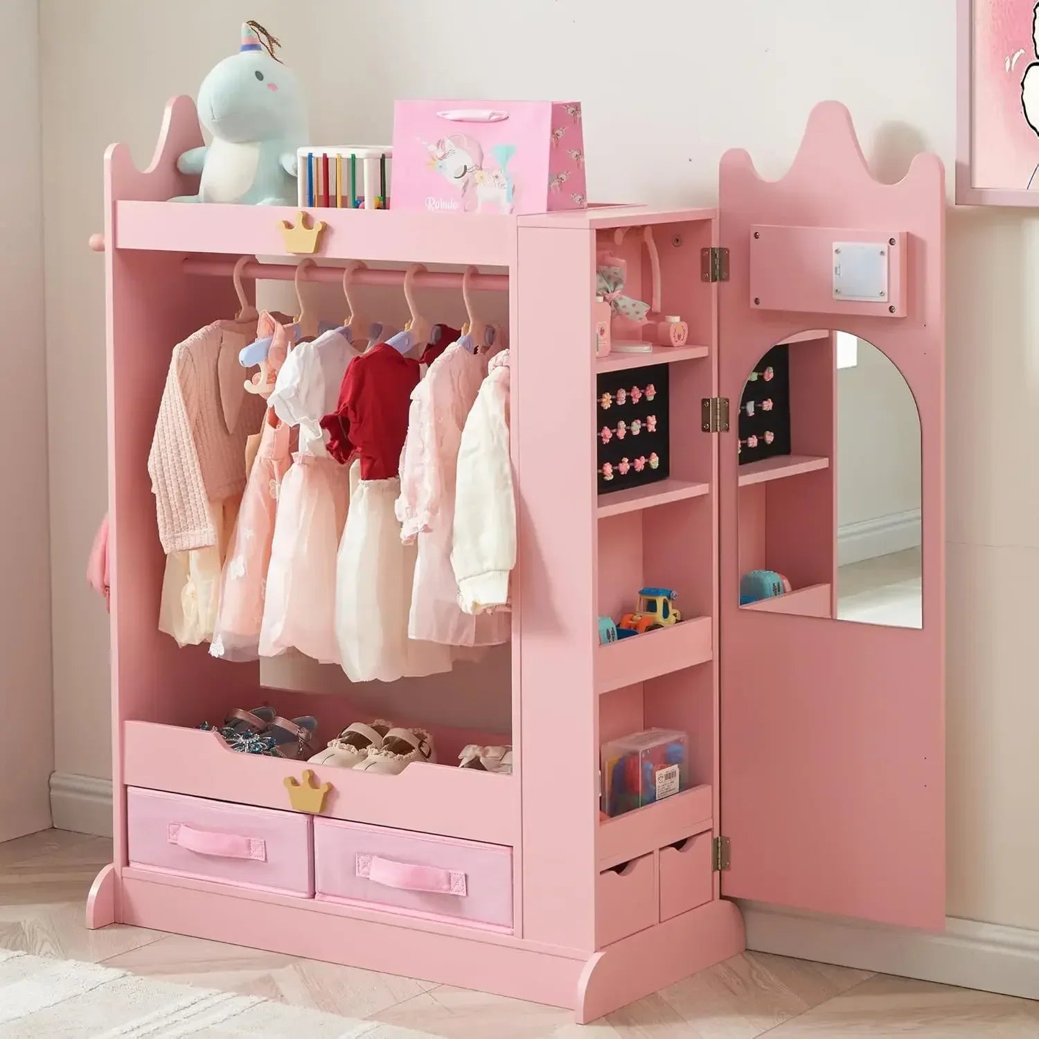 Kids Princess Armoire  - Wardrobe Closet with Dual Mirrors, Hidden Jewelry Cabinet, Shelves & Hanging Rack