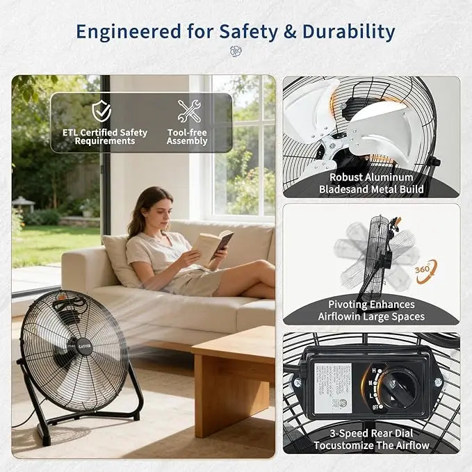 12/20 Inch Floor Fan, 3 Speeds 4800 CFM High Velocity Heavy Duty Fan, 360° Adjustable Tilt,