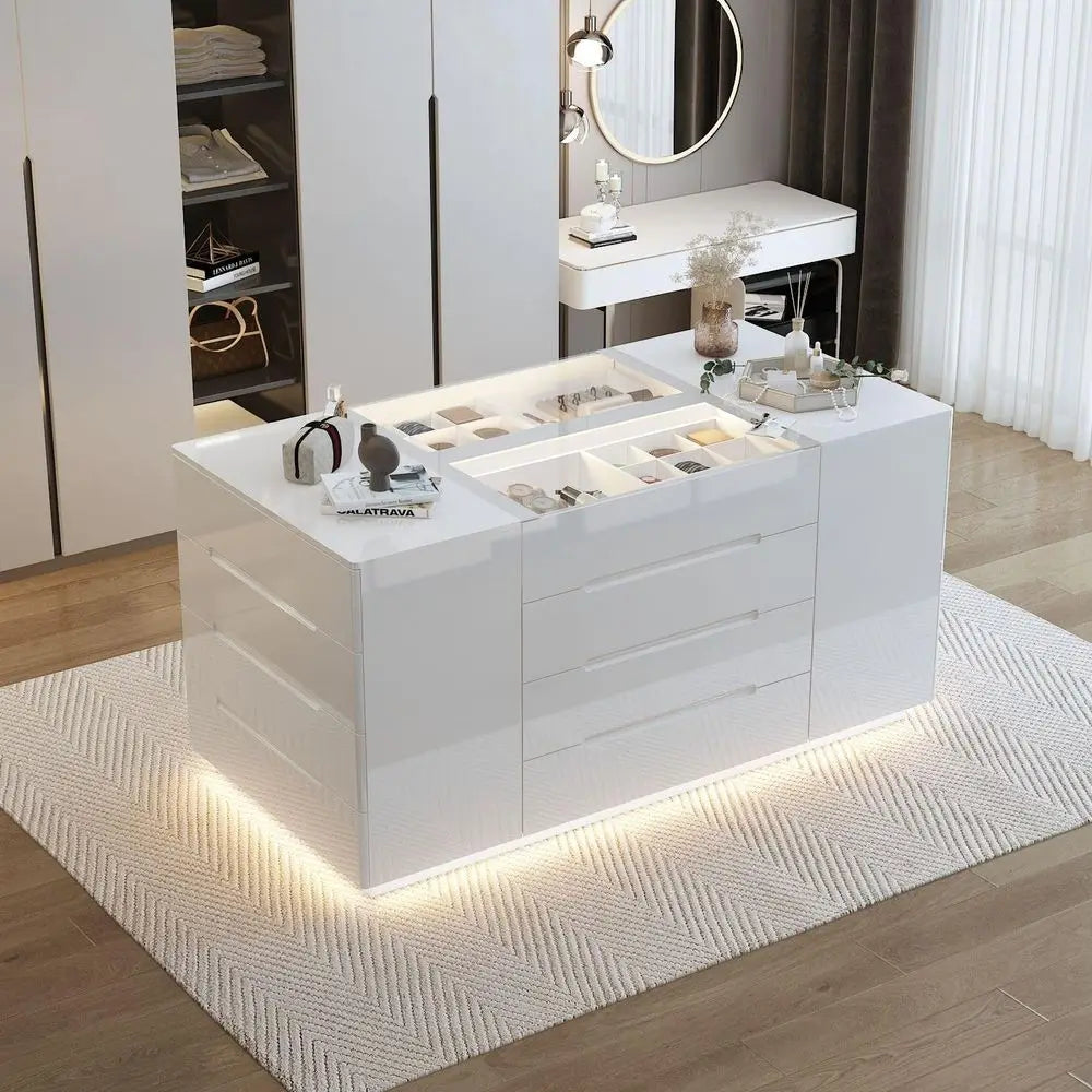 Bedroom Island Wardrobe Closet Dresser with 16 Drawers  Glass Tabletop,  with Jewelry Organizer,
