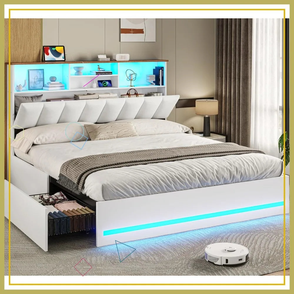 Queen Bed Frame with LED Lights, Charging Station & 4 Storage Drawers - No Box Spring Needed,