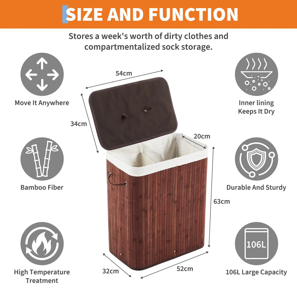 Large 106L Bamboo Laundry Hamper with Removable 4-Section Liner, Lid & Handles