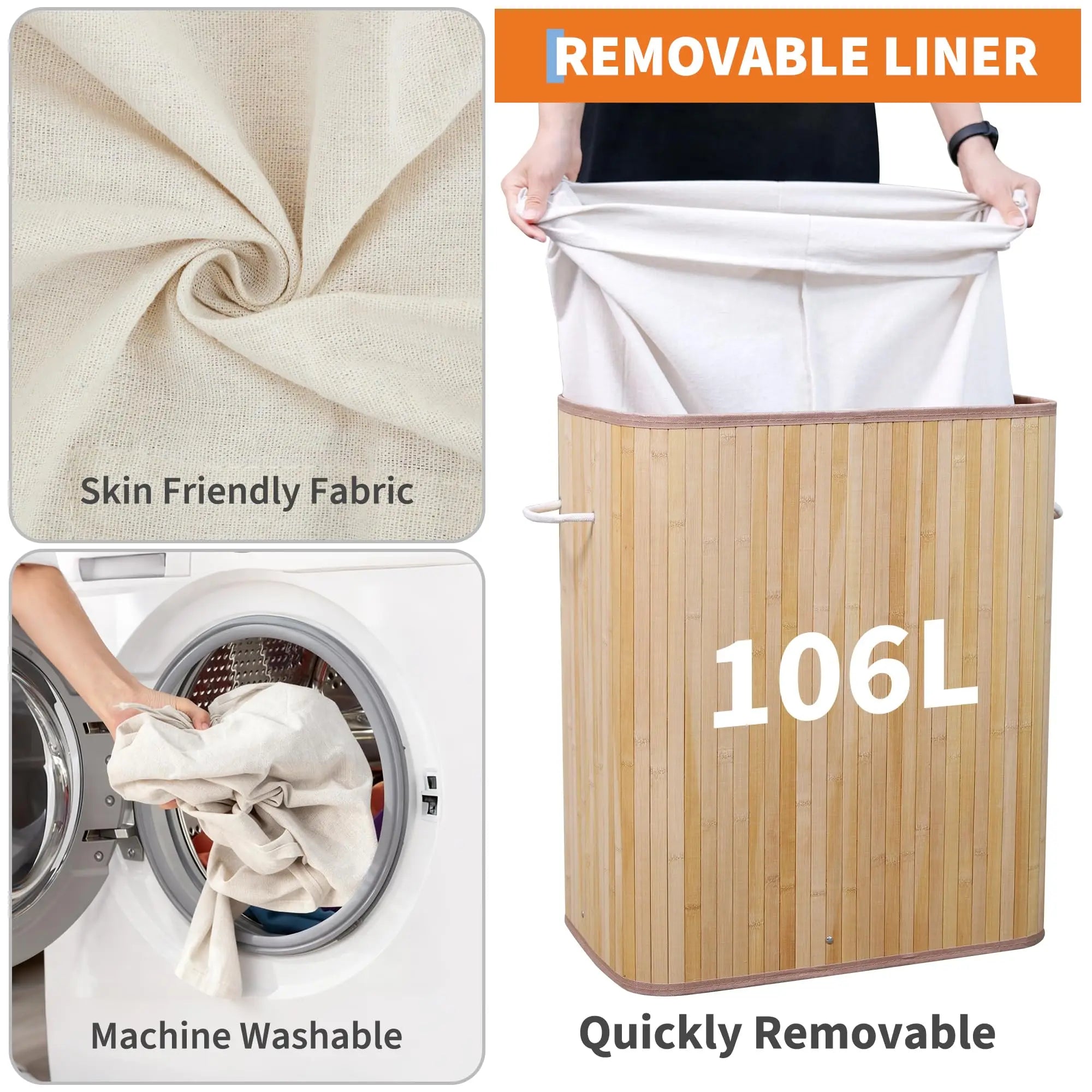 Large 106L Bamboo Laundry Hamper with Removable 4-Section Liner, Lid & Handles