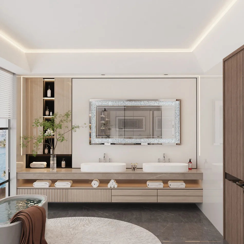 LUVODI Large Silver Rhinestone Vanity Mirror Frameless Crystal Diamond Wall Mirror for Bedroom, Bathroom.