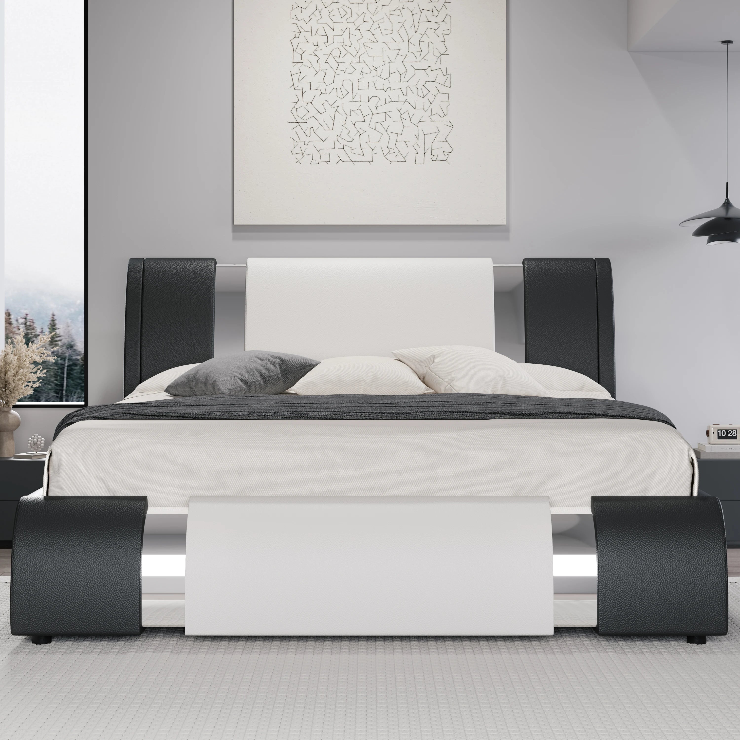Faux Leather Bed Frame with Iron Pieces Decor, Low Platform  with Height-Adjustable Headboard