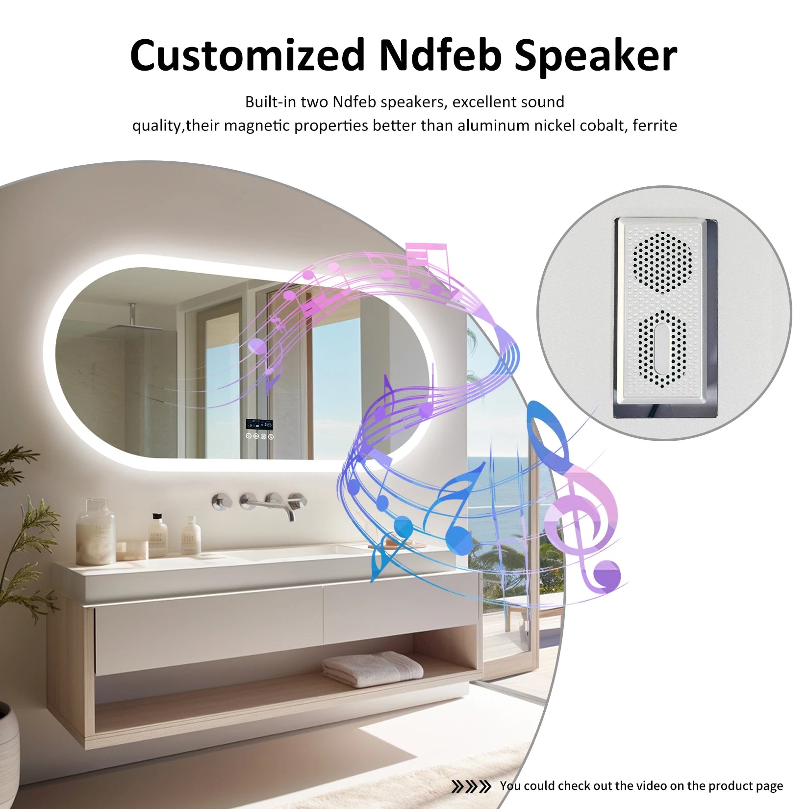 Oval LED Bathroom Mirror with Lights, Anti-Fog, Bluetooth Speaker, 3 Colors Temperature Dimmable Lighted  Waterproof