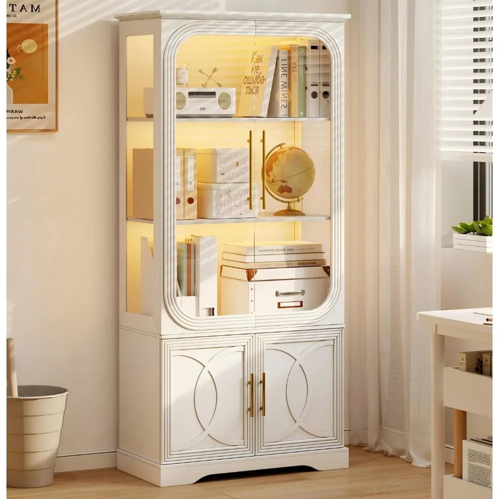 Display Cabinet with Glass Doors, 69 in Tall Bookcase with LED Lights,