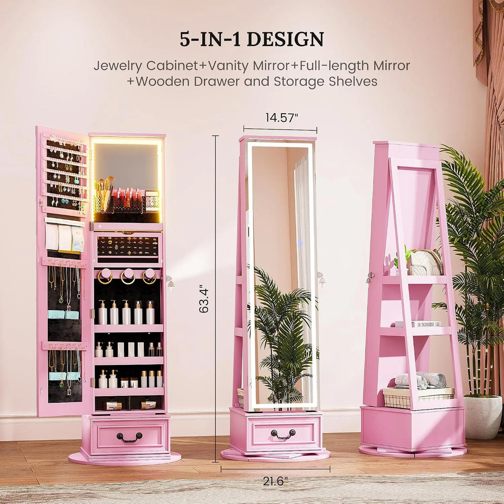 LED Mirror Jewelry Cabinet Standing, 360°Swivel  with Full Length Mirror, Storage